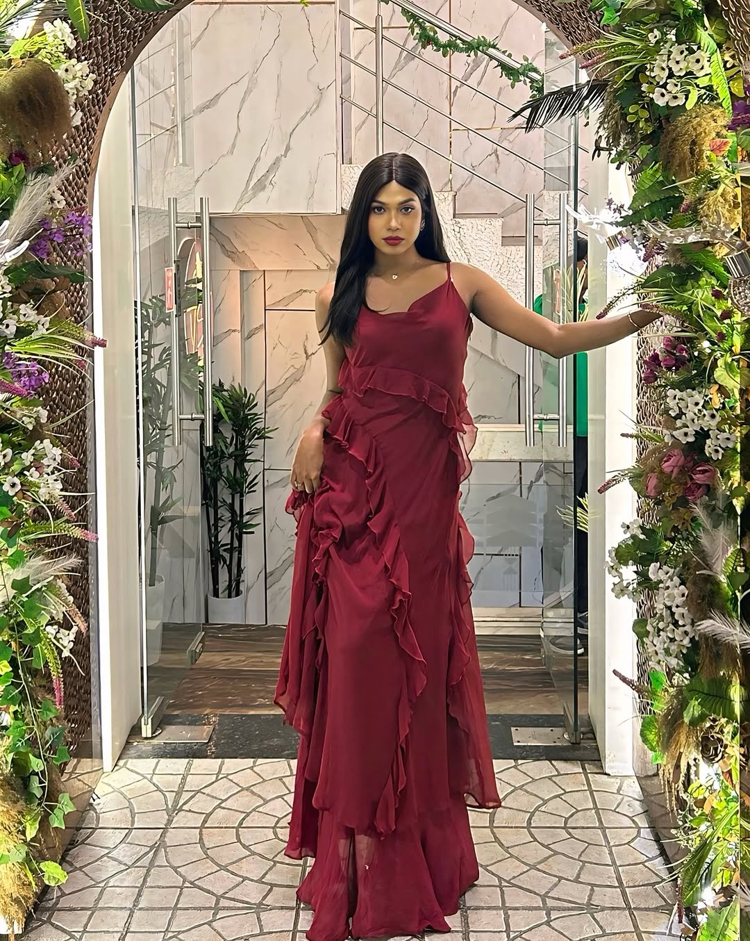 Raffinéa Ruffle Trim Split Thigh Cami Dress