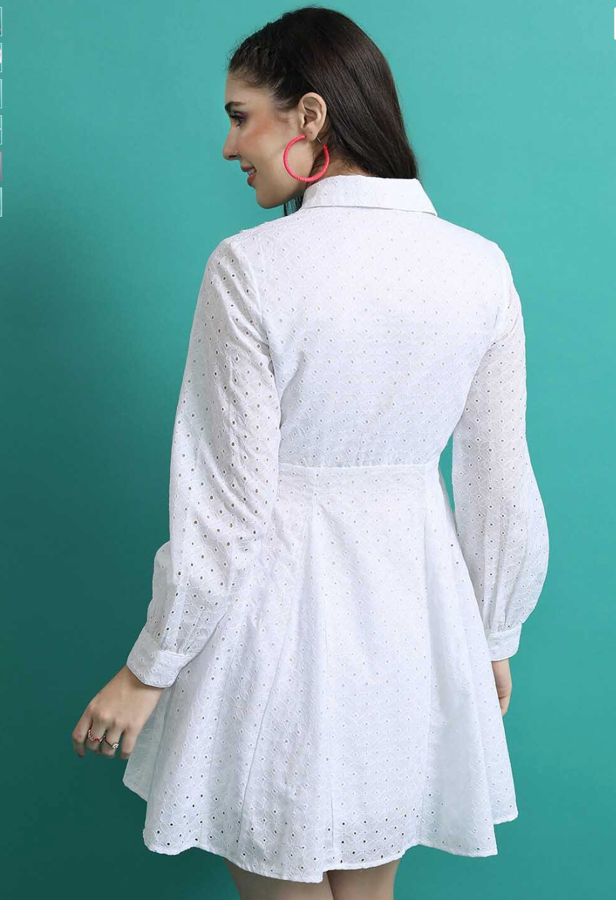 White Schiffli Shirt Style Above Knee Dress