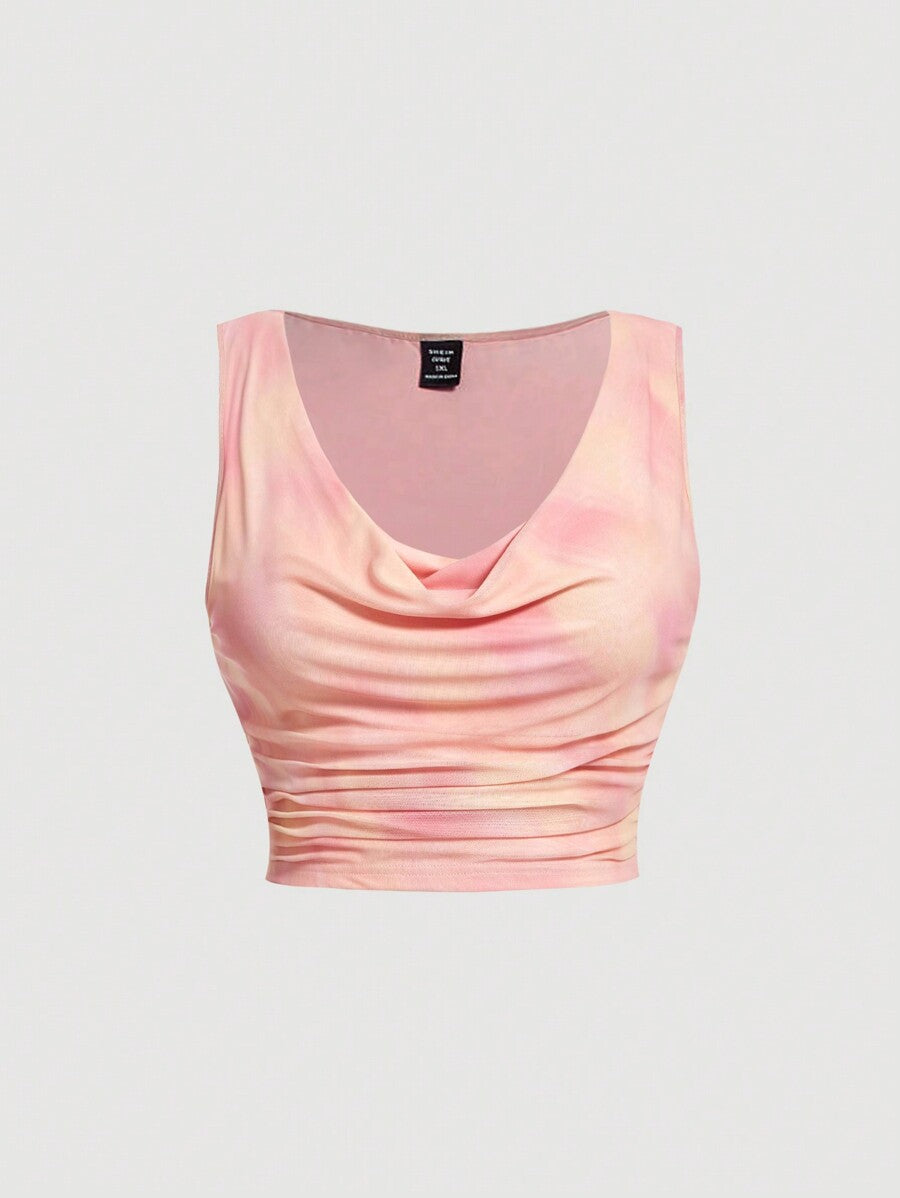 Pink Tie Dye Print Draped Neckline Sleeveless Top With Ruched Waist And Ruffle Hem Skir