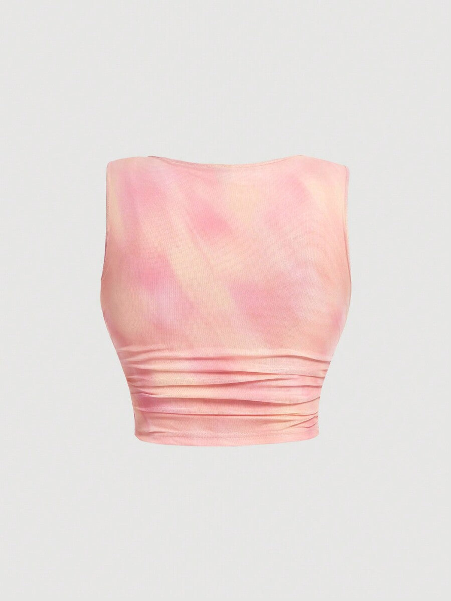 Pink Tie Dye Print Draped Neckline Sleeveless Top With Ruched Waist And Ruffle Hem Skir