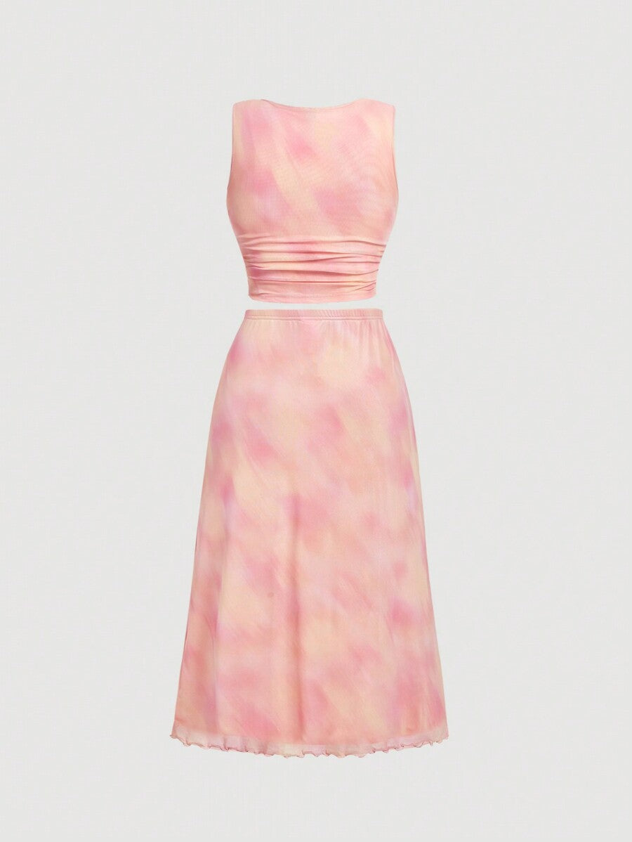 Pink Tie Dye Print Draped Neckline Sleeveless Top With Ruched Waist And Ruffle Hem Skir