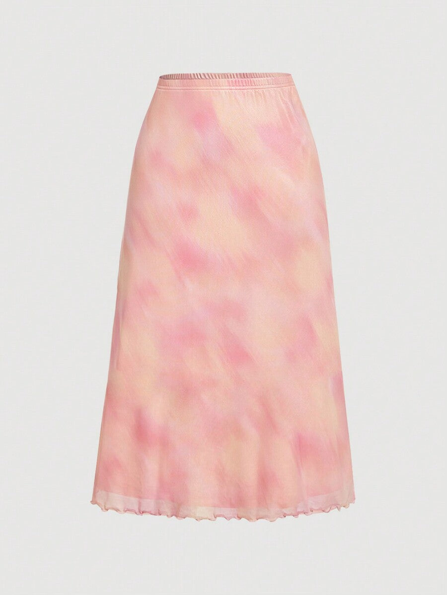 Pink Tie Dye Print Draped Neckline Sleeveless Top With Ruched Waist And Ruffle Hem Skir