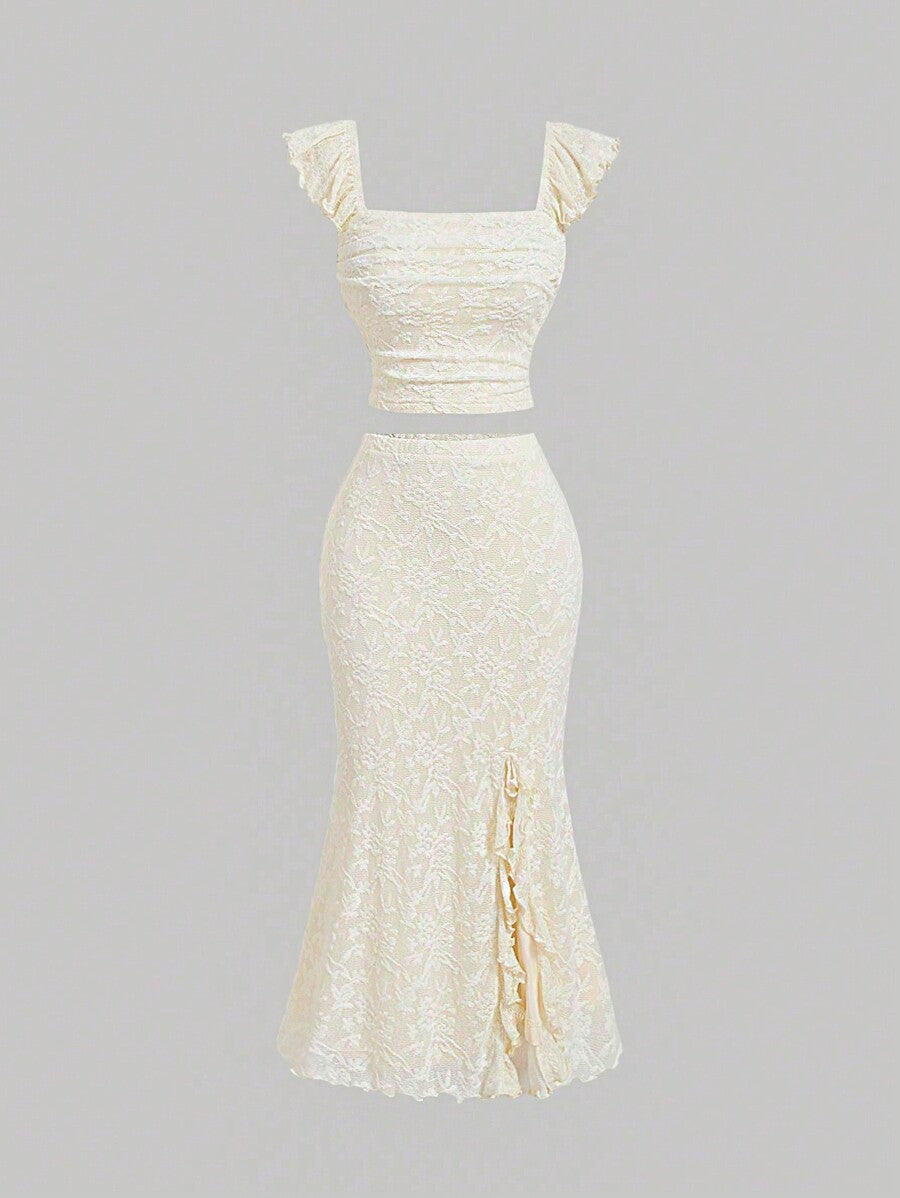 Strappy Ruffle Back Top and Apricot Mermaid Skirt Set