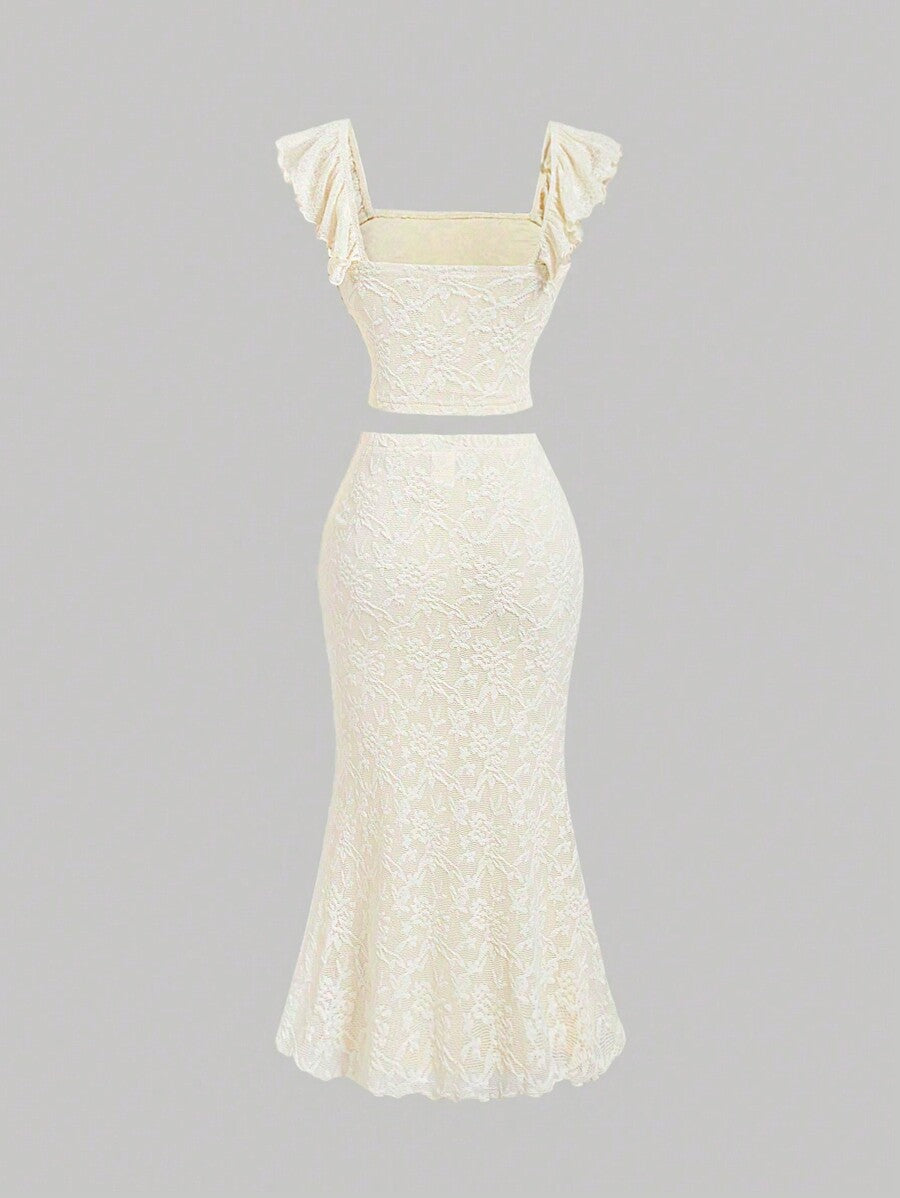Strappy Ruffle Back Top and Apricot Mermaid Skirt Set