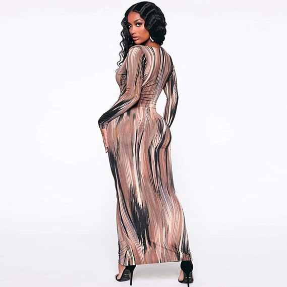 Women Long Sleeve Party Slim Dress Bodycon Sexy V Neck Club Maxi Dresses