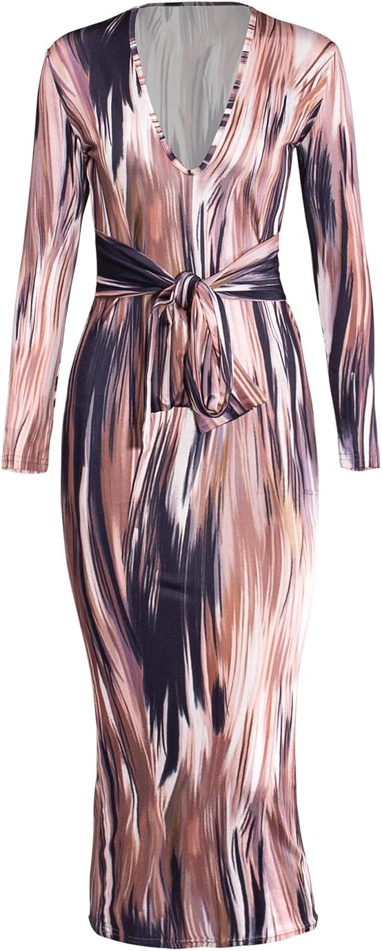 Women Long Sleeve Party Slim Dress Bodycon Sexy V Neck Club Maxi Dresses