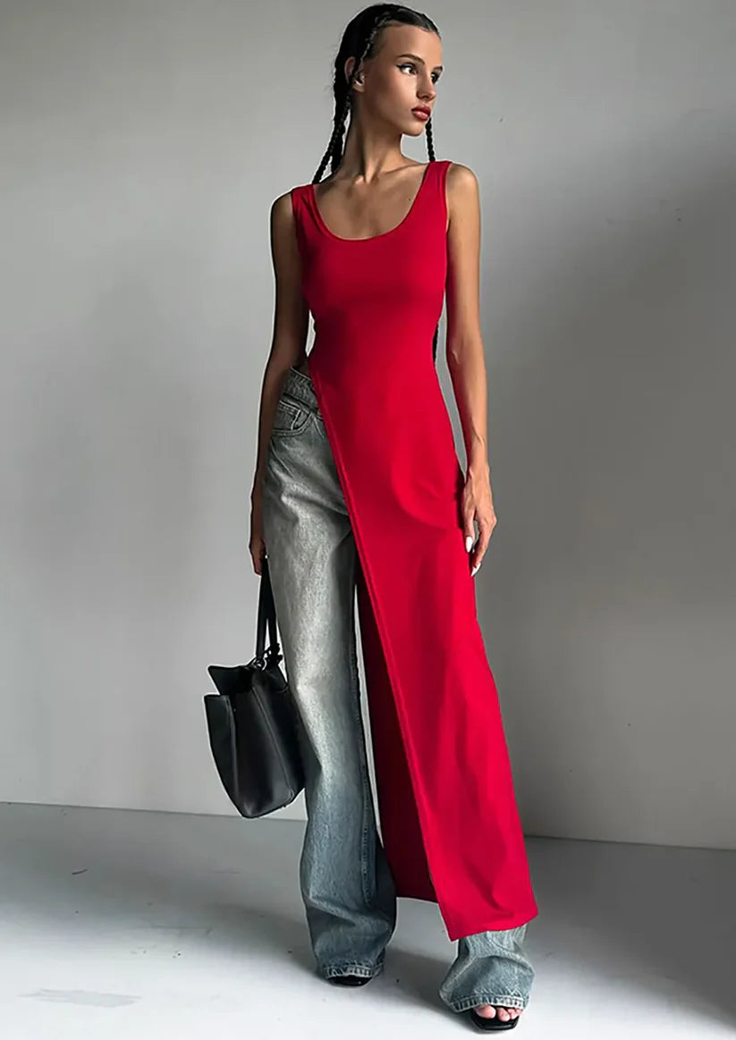 Black Diagonal-Hem Maxi Top