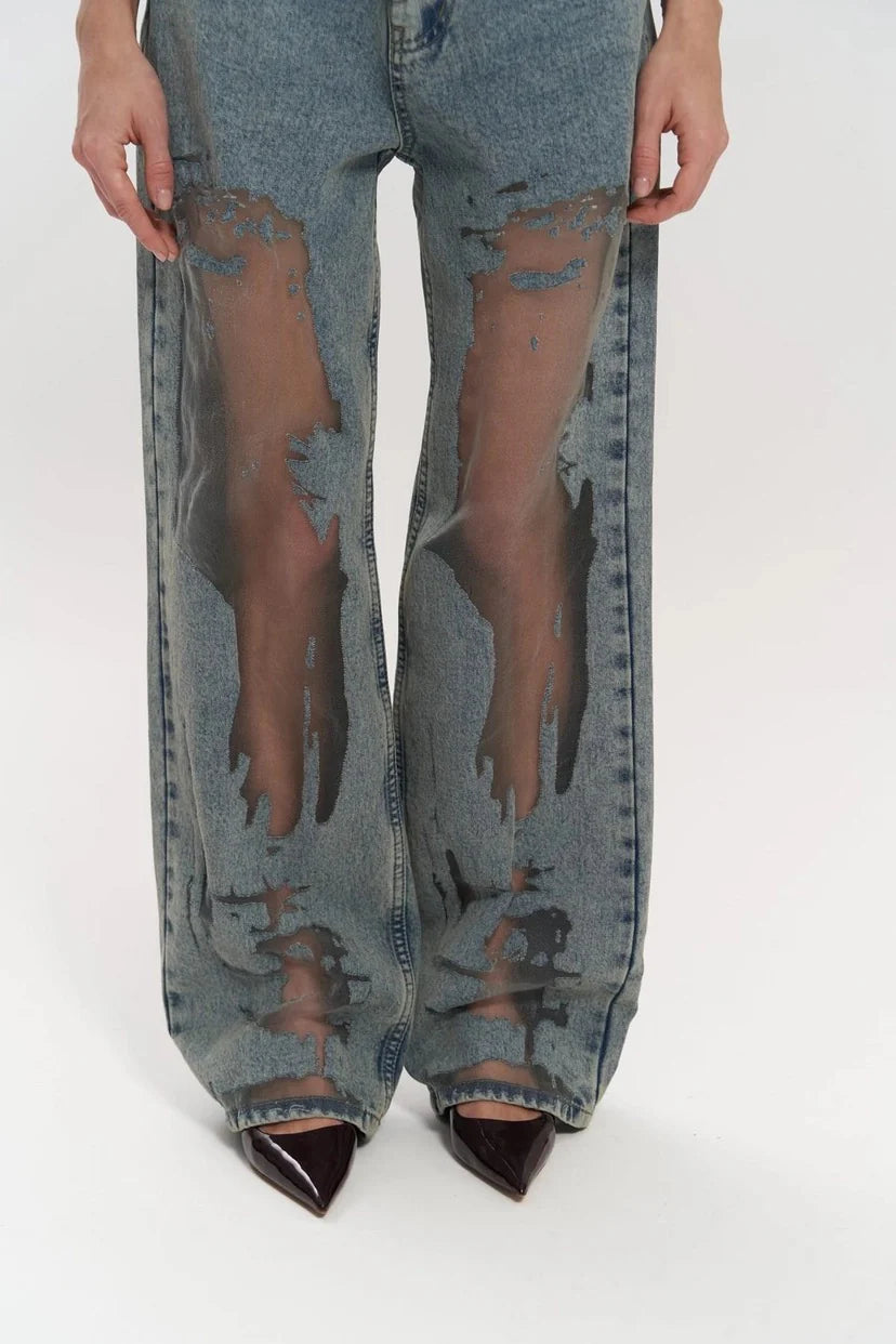 Custom Women Washed Denim Mid Waist Long Length Jeans Transparent Mesh Jeans Trousers Lace Women's Pants