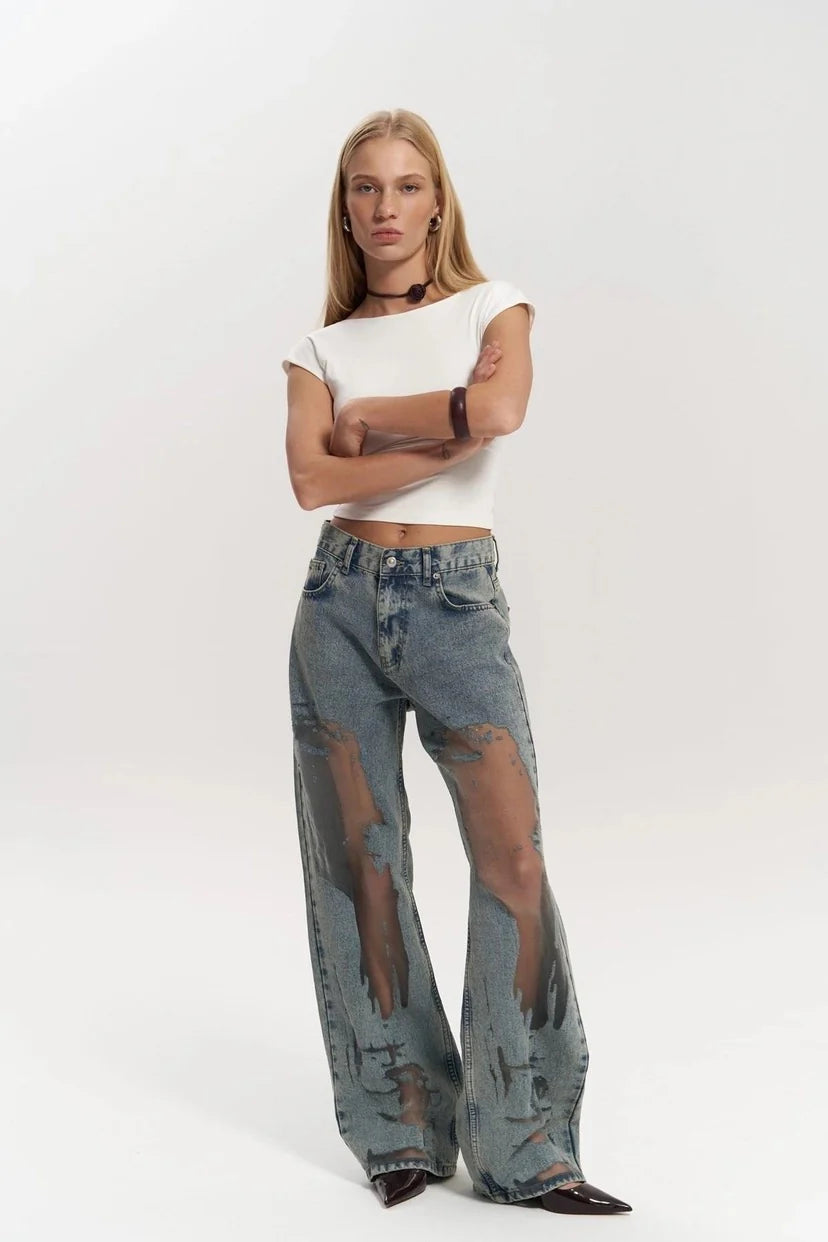 Custom Women Washed Denim Mid Waist Long Length Jeans Transparent Mesh Jeans Trousers Lace Women's Pants