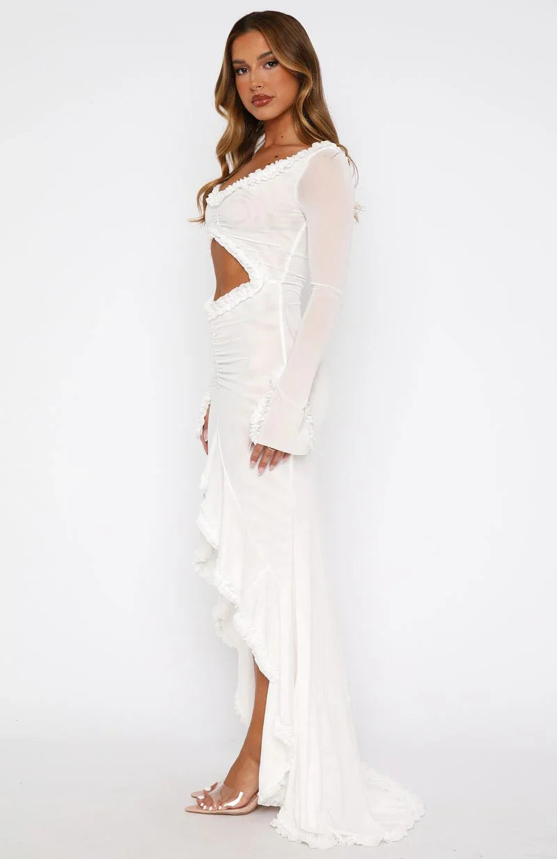 Long Sleeve Mesh Maxi Dress White