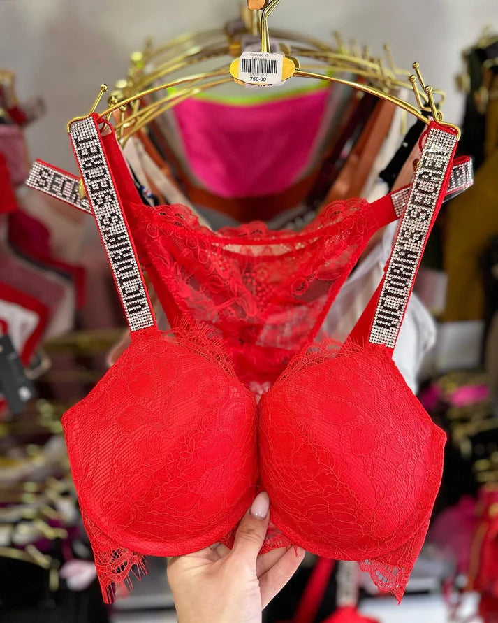 Radiant Allure Shine-Strap Lace Push-Up Bra & Panty Set