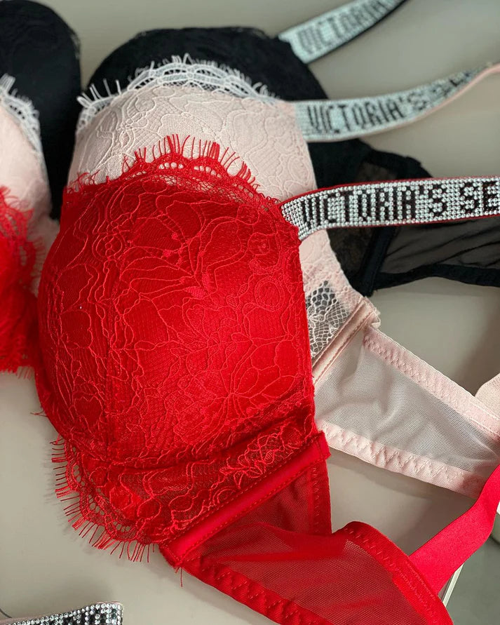 Radiant Allure Shine-Strap Lace Push-Up Bra & Panty Set
