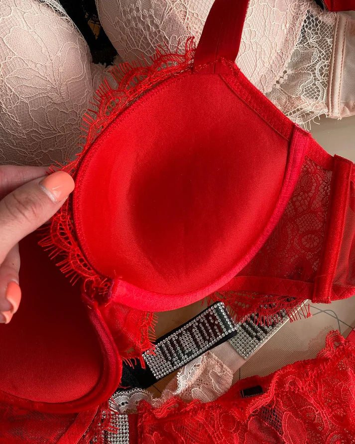 Radiant Allure Shine-Strap Lace Push-Up Bra & Panty Set