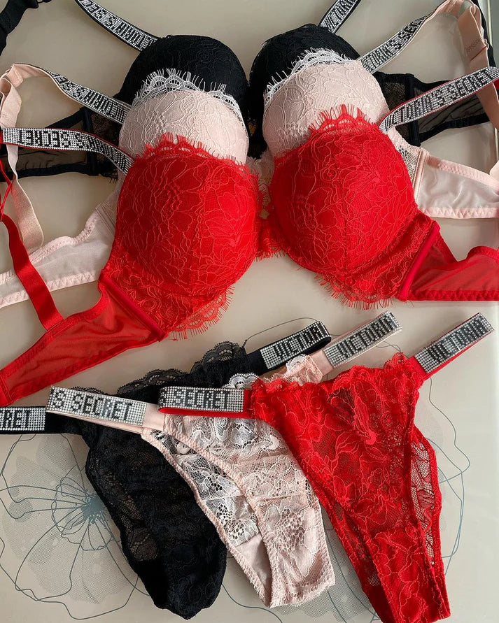 Radiant Allure Shine-Strap Lace Push-Up Bra & Panty Set