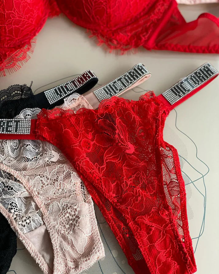 Radiant Allure Shine-Strap Lace Push-Up Bra & Panty Set