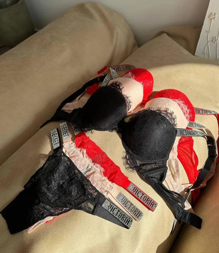 Radiant Allure Shine-Strap Lace Push-Up Bra & Panty Set