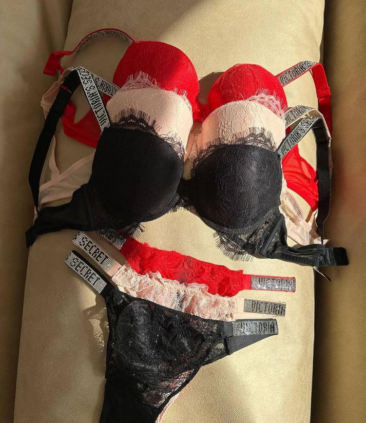 Radiant Allure Shine-Strap Lace Push-Up Bra & Panty Set