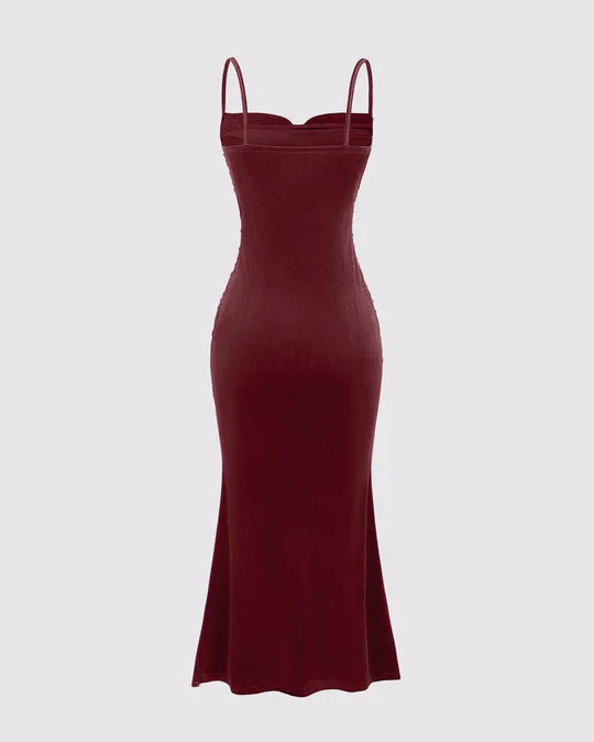 Solid Color Spaghetti Strap Ruched Slim Fit Casual Vacation Dress For New Year Holiday Party Clothes Burgundy Maxi Velvet Women Outfit