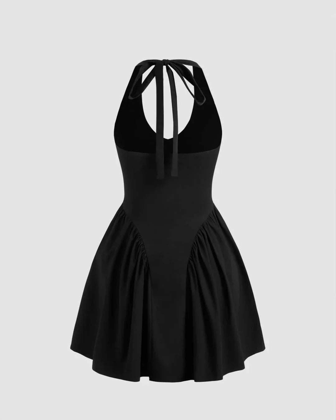 V-neck Solid Knotted Ruffle Halter Mini Black Dress
