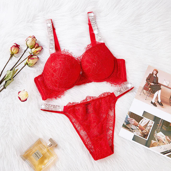 Radiant Allure Shine-Strap Lace Push-Up Bra & Panty Set